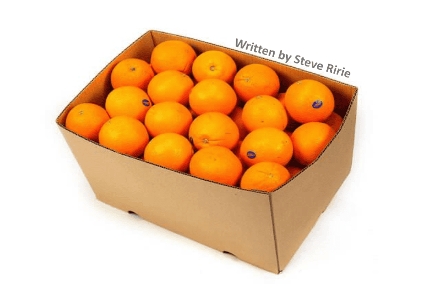 cardboard box full of navel oranges